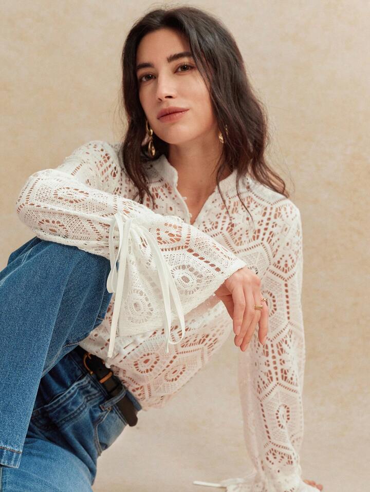CM-TS656857 Women Trendy Bohemian Style V-Neck Hollow Lace Ruffle Trim Long Sleeve Blouse - White