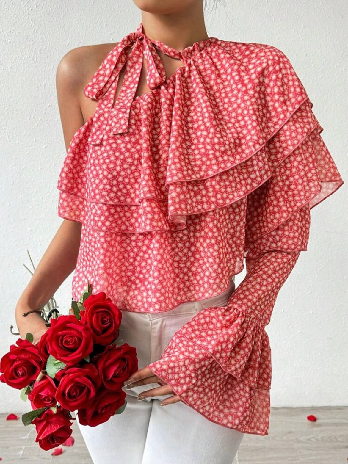 CM-TS285877 Women Trendy Bohemian Style One-Shoulder Floral Print Ruffle Trim Blouse - Pink
