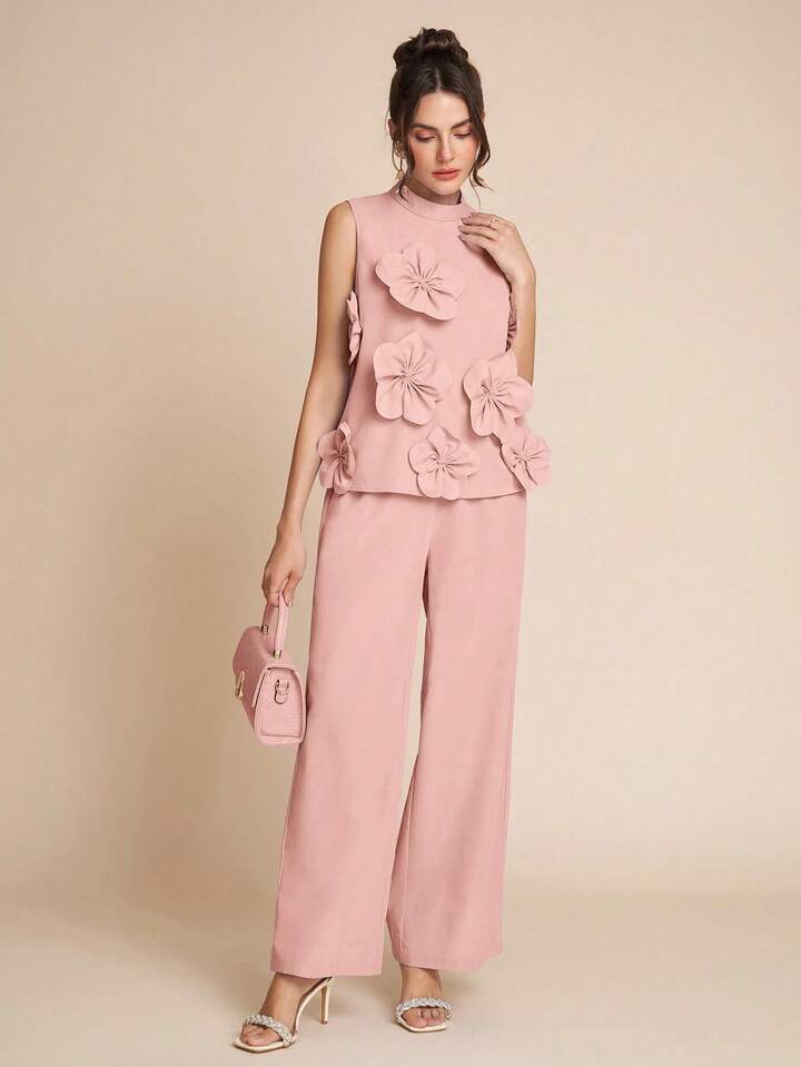 CM-SS304539 Women Elegant Seoul Style Stand Colllar Sleeveless 3D Floral Decor Top With Wide Leg Pants - Set