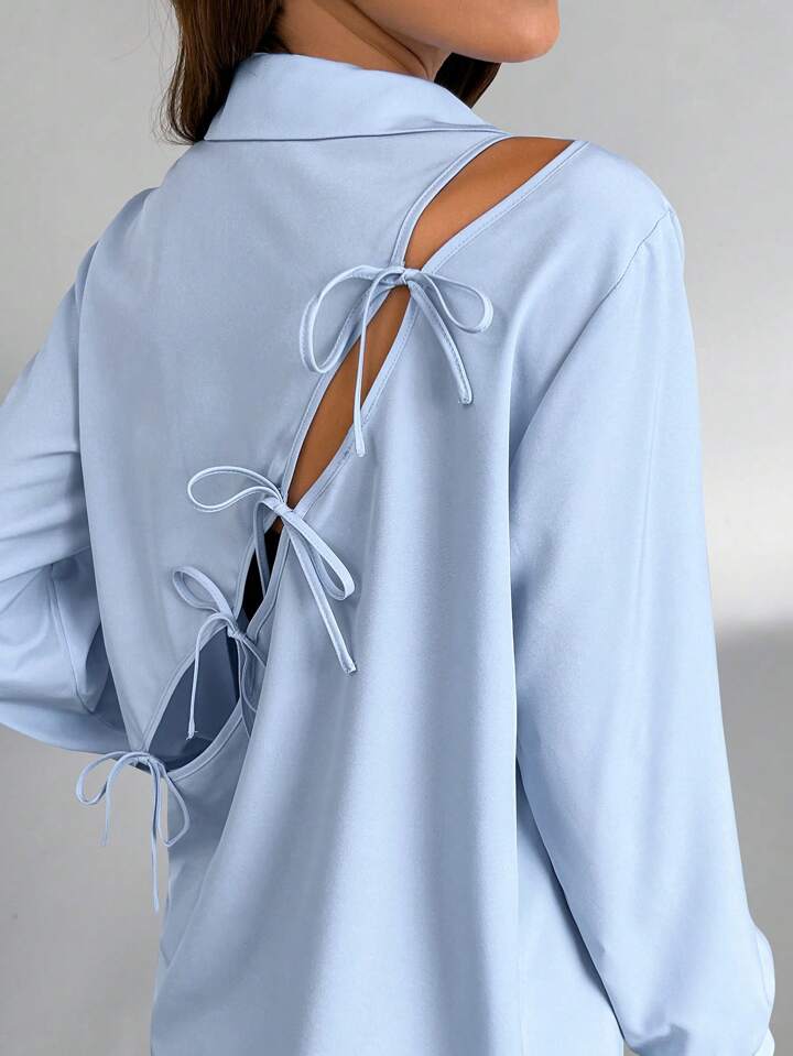CM-TS568275 Women Casual Seoul Style Solid Cut Out Tie Back Long Sleeves Shirt - Baby Blue