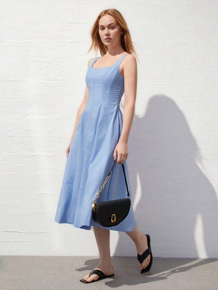 CM-DS547254 Women Casual Seoul Style Square Neck Sleeveless Cinched Waist Dress - Blue