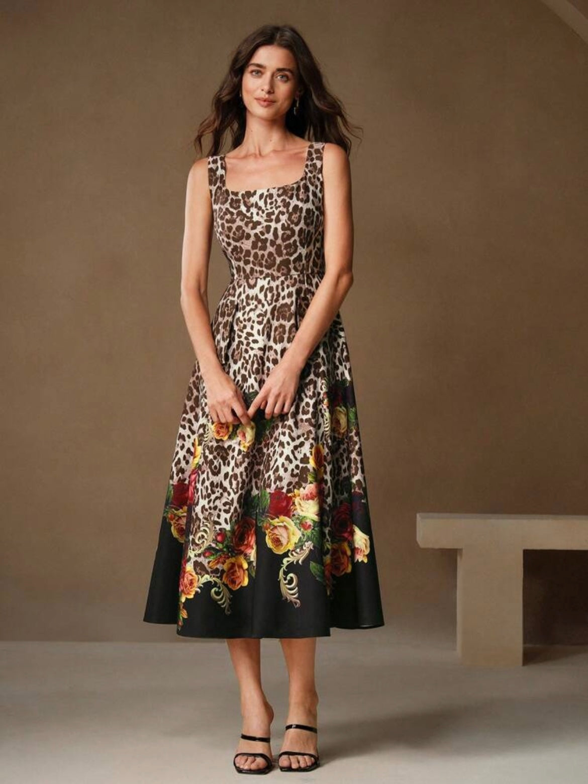 CM-DS668199 Women Elegant Seoul Style Leopard And Floral Print Wide Strap Sleeveless Midi Dress