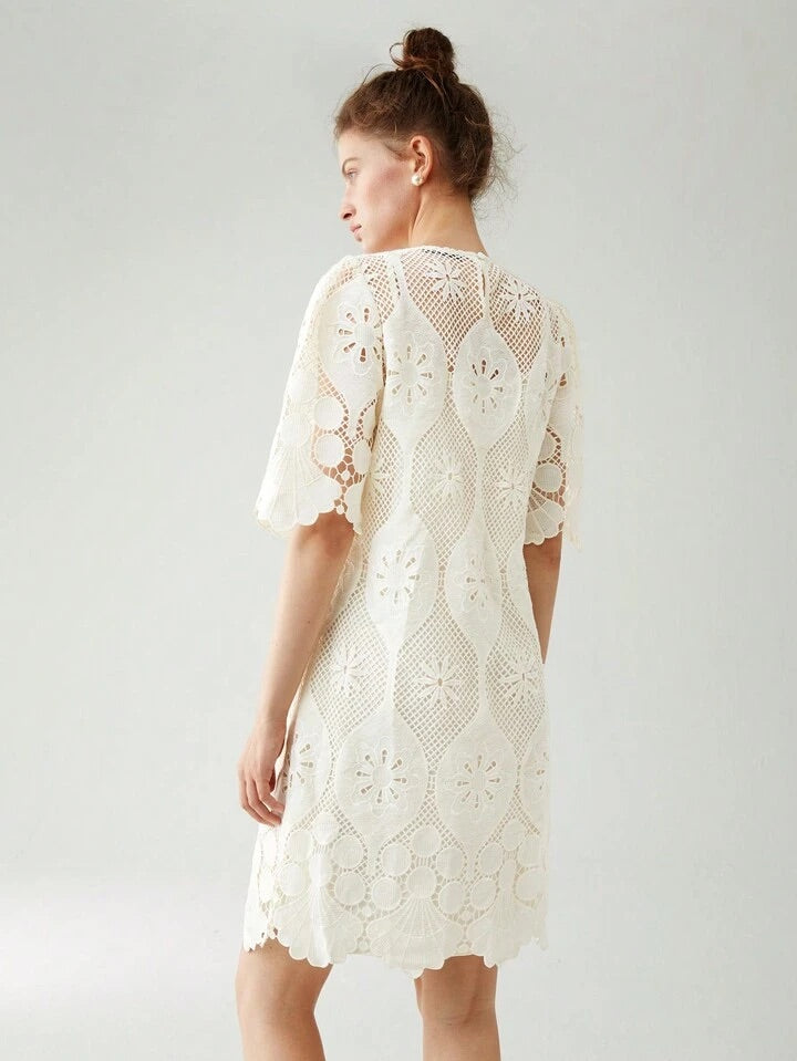 CM-DS811995 Women Elegant Seoul Style Round Neck Half Sleeve Lace Overlay Dress - Apricot