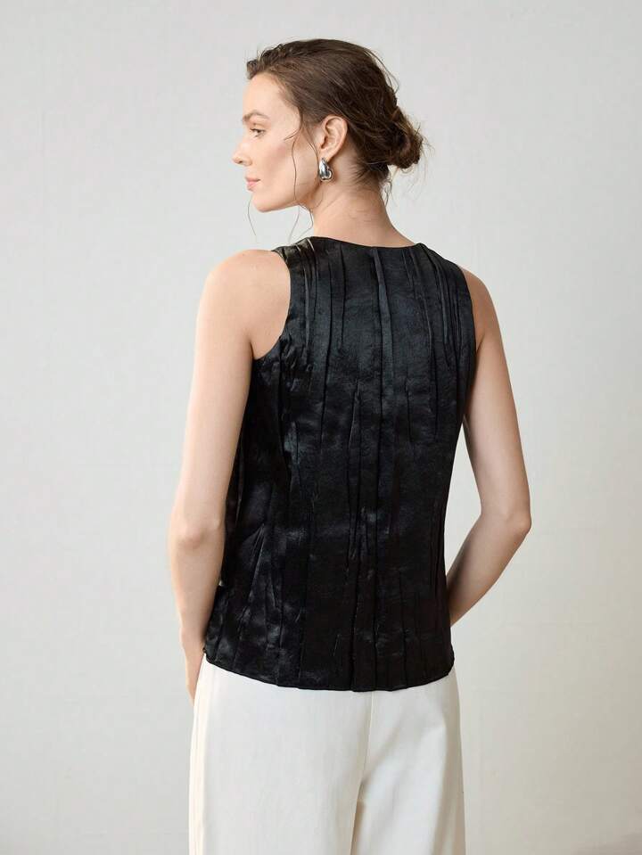 CM-TS147642 Women Casual Seoul Style Pleated V-Neck Sleeveless Vest Top - Black