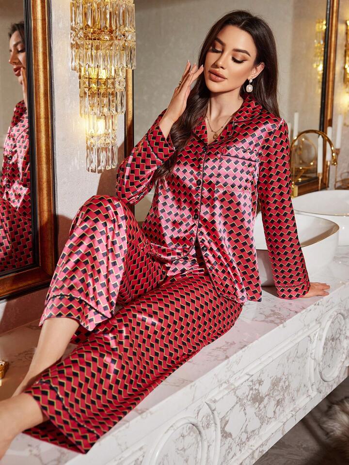 CM-LS304006 Women Trendy Seoul Style Turndown Collar Long Sleeve Rhombus Print Pajama Set