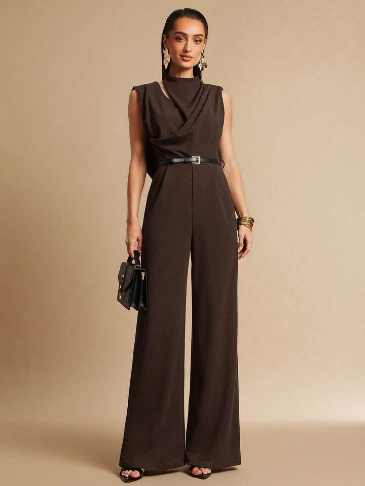 CM-JS606354 Women Elegant Seoul Style Stand Collar Sleeveless Pleated Backless Jumpsuit - Brown