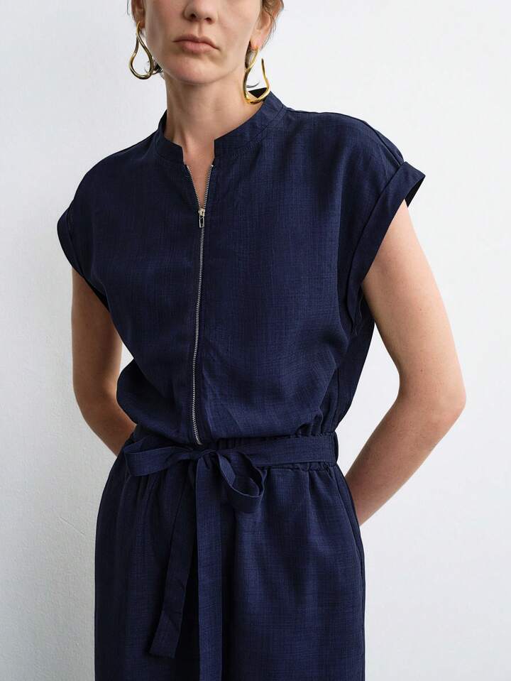 CM-JS025073 Women Casual Seoul Style Stand Collar Cap Sleeve Cinched Waist Wide Leg Jumpsuit - Blue