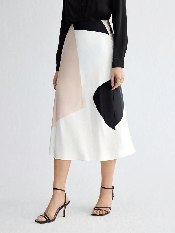 CM-BS838393 Women Elagent Seoul Style High Waist Color Block Asymmetrical Skirt