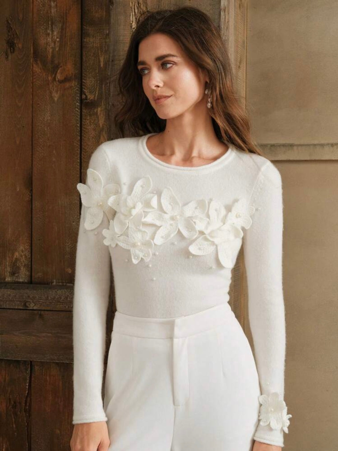 CM-TS124269 Women Elegant Seoul Style Crochet Floral Pearl Decor Crew Neck Layer Top - White