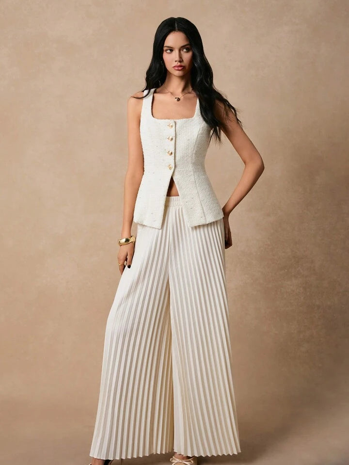 CM-SS551165 Women Elegant Seoul Style Single-Breasted Square Neck Vest With Pleated Midi Skirt - Set