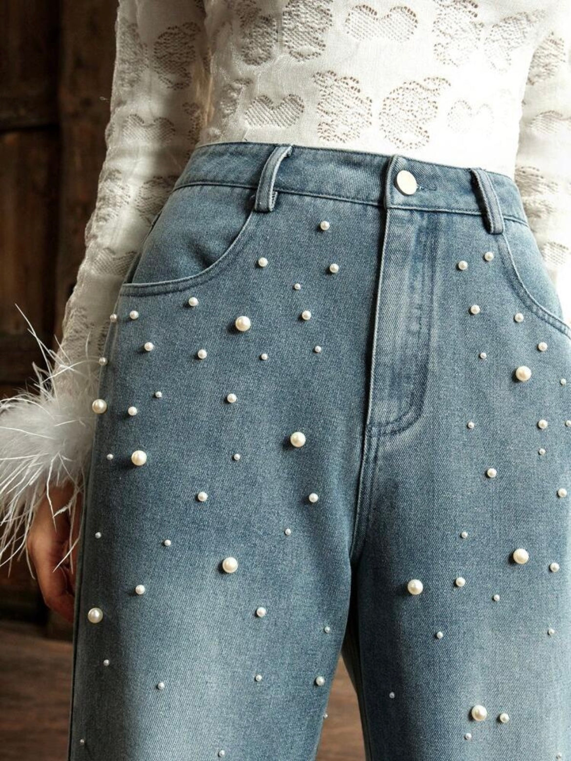 CM-BS784611 Women Elegant Seoul Style Light Wash Pearl Wide Leg Denim Trousers