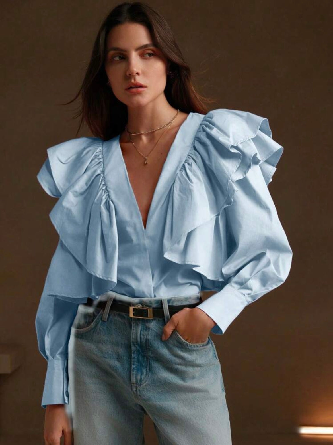 CM-TS179757 Women Elegant Seoul Style Exaggerated Ruffle V-Neck Long Sleeve Blouse - Blue
