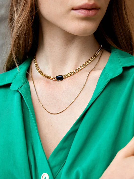 CM-AXS111050 Women Trendy Seoul Style Premium Gemstone Decor Necklace - Yellow Gold