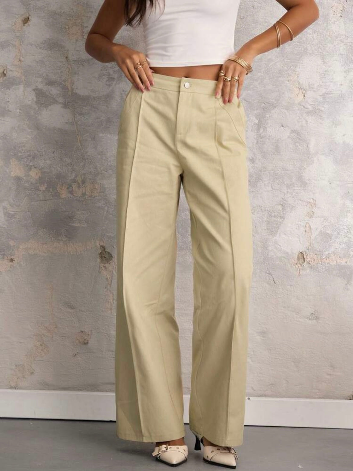 CM-BS760766 Women Casual Seoul Style Front Button Pocket Drop Waist Wide Leg Pants - Khaki