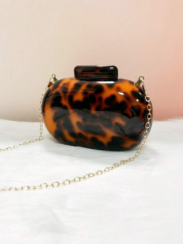 CM-BGS552314 Women Trendy Seoul Style Leopard Pattern Oval Acrylic Hard Box Small Square Bag