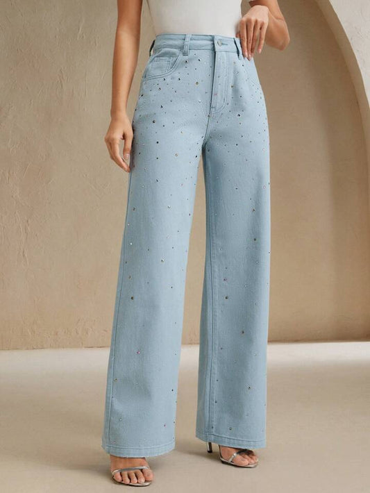 CM-BS558347 Women Casual Seoul Style Mid Waist Rhinestoned Decor Straight Leg Jeans - Blue