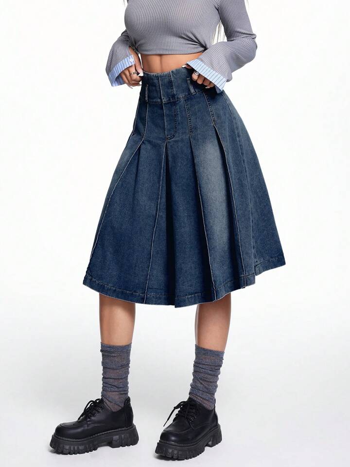 CM-BS434184 Women Casual Seoul Style Dark Wash Knee Length Denim A-Line Pleated Skirt