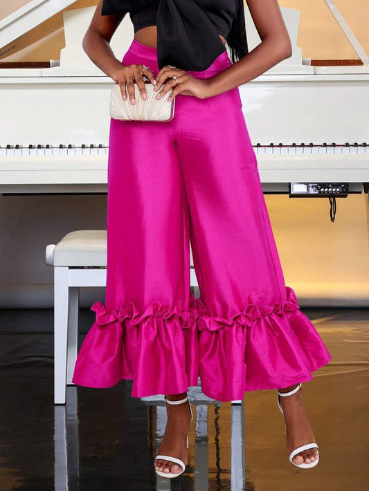 CM-BS639148 Women Elegant Seoul Style Bell Bottom Ruffle Trim Wide Leg Pants - Hot Pink