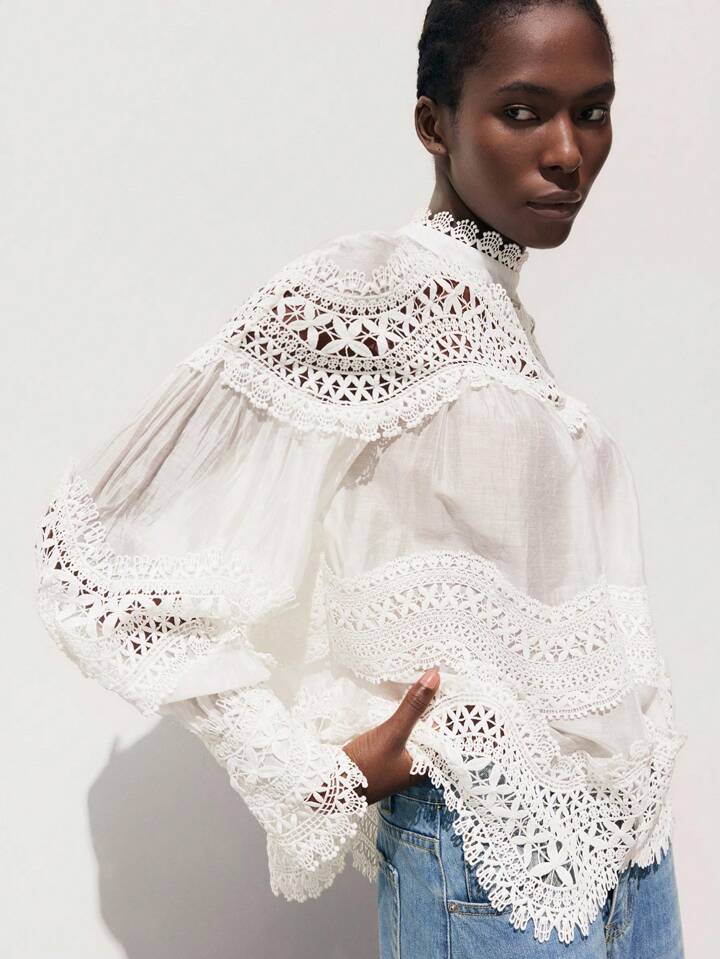 CM-TS762455 Women Trendy Bohemian Style Solid Color Stand Collar Flare Sleeve Lace Patchwork Blouse Top - White