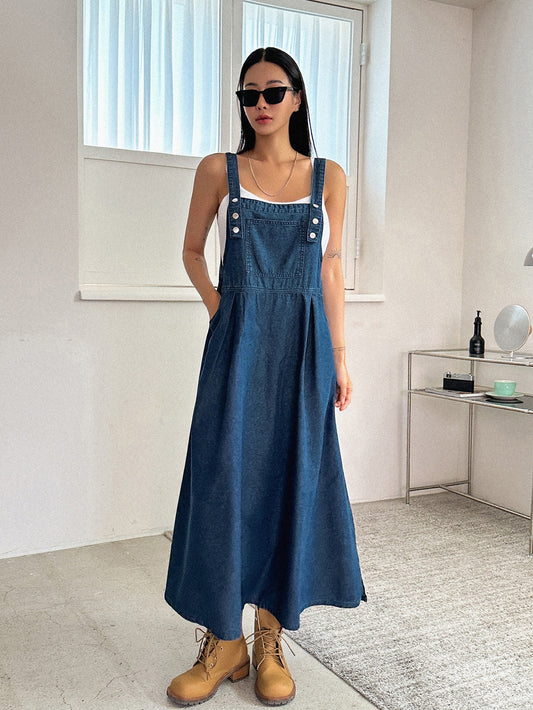 CM-DS142731 Women Casual Seoul Style Dark Wash Slant Pocket High Waist Overall Dress
