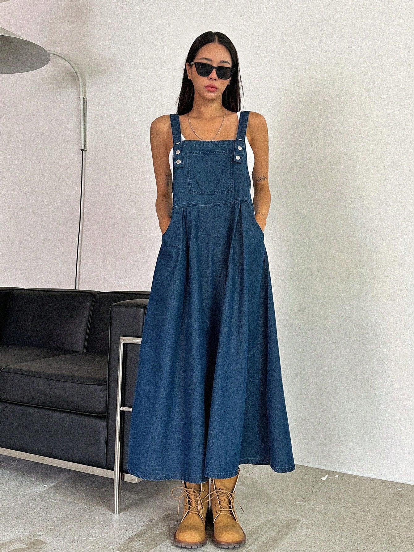 CM-DS142731 Women Casual Seoul Style Dark Wash Slant Pocket High Waist Overall Dress