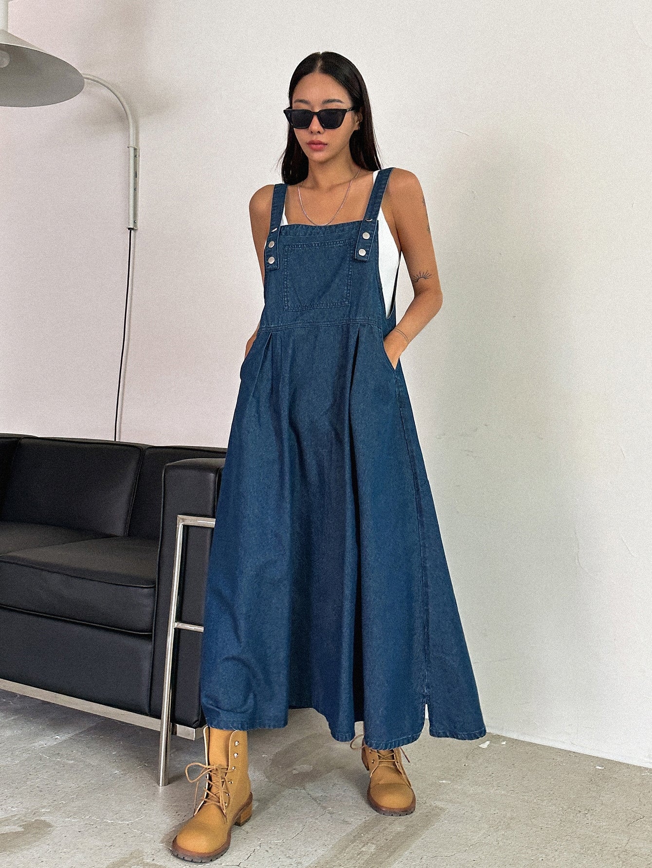 CM-DS142731 Women Casual Seoul Style Dark Wash Slant Pocket High Waist Overall Dress