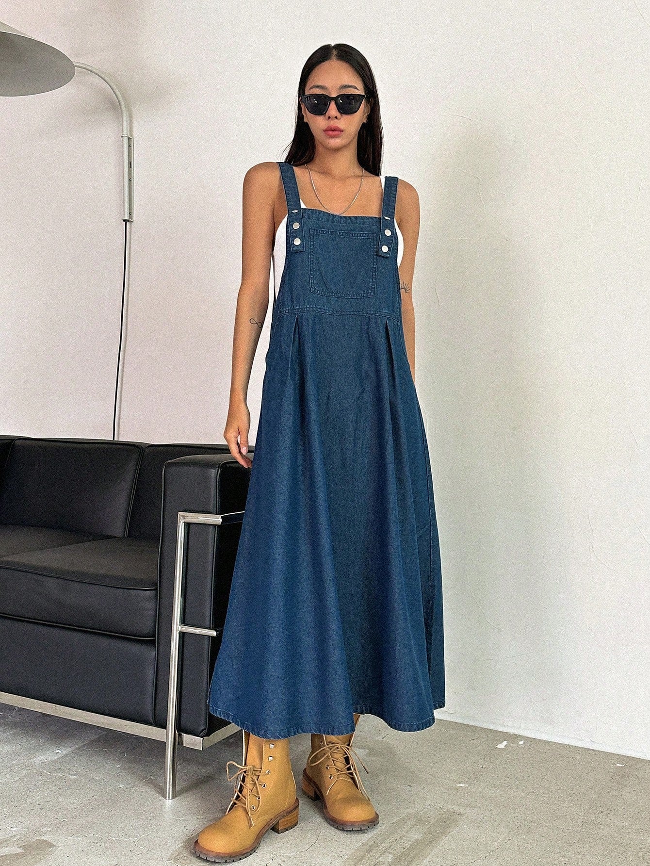 CM-DS142731 Women Casual Seoul Style Dark Wash Slant Pocket High Waist Overall Dress