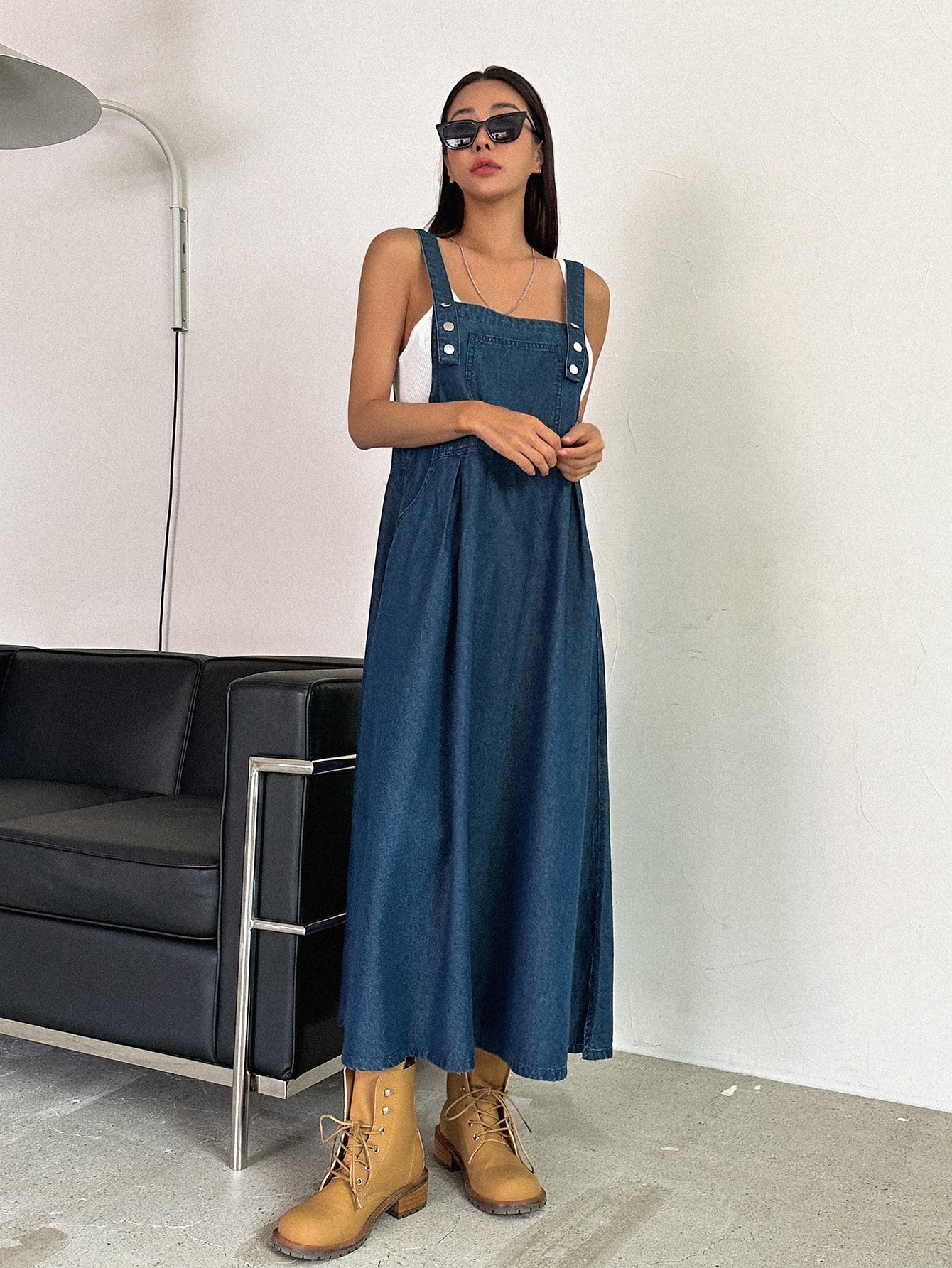 CM-DS142731 Women Casual Seoul Style Dark Wash Slant Pocket High Waist Overall Dress