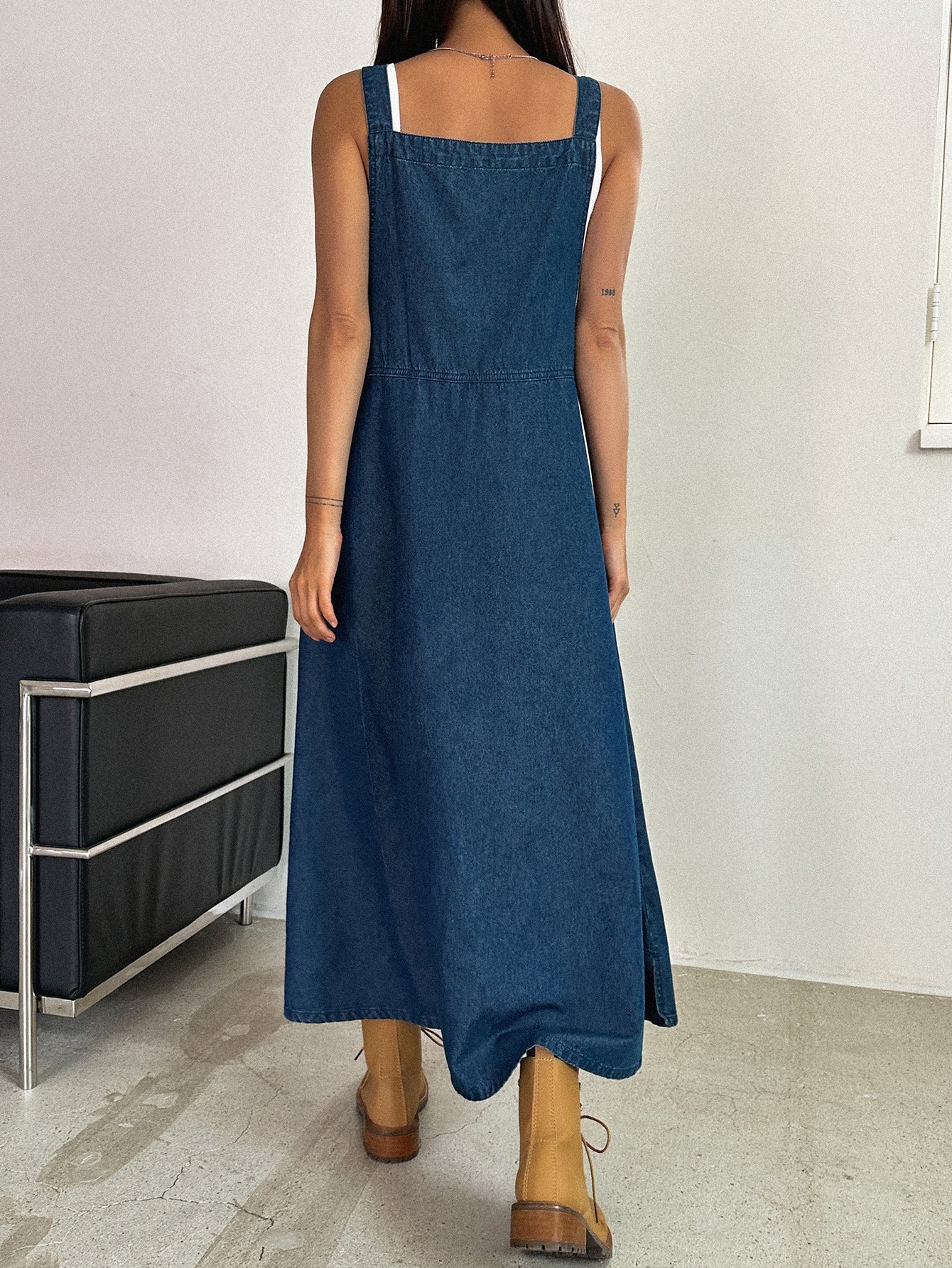 CM-DS142731 Women Casual Seoul Style Dark Wash Slant Pocket High Waist Overall Dress