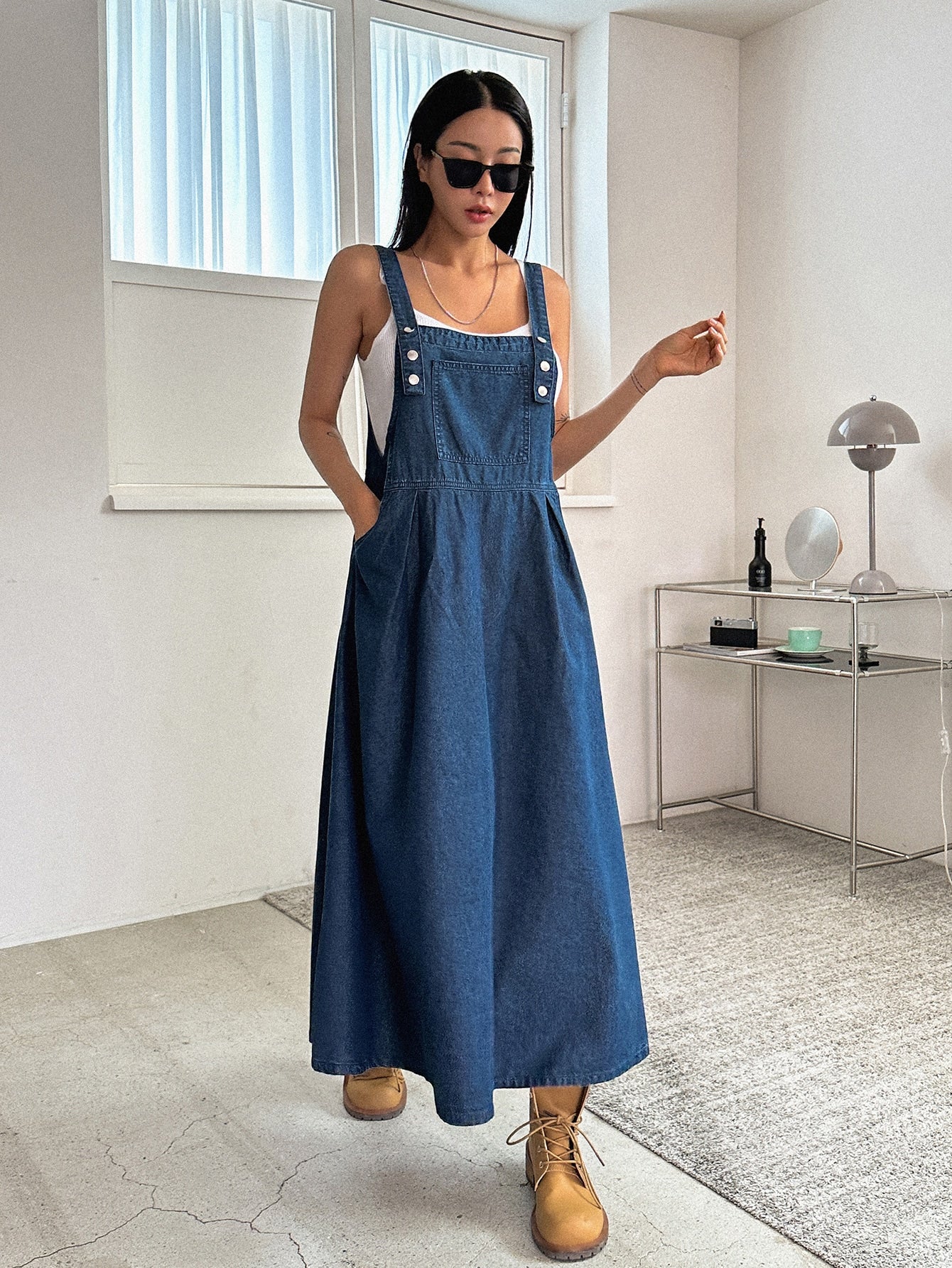 CM-DS142731 Women Casual Seoul Style Dark Wash Slant Pocket High Waist Overall Dress
