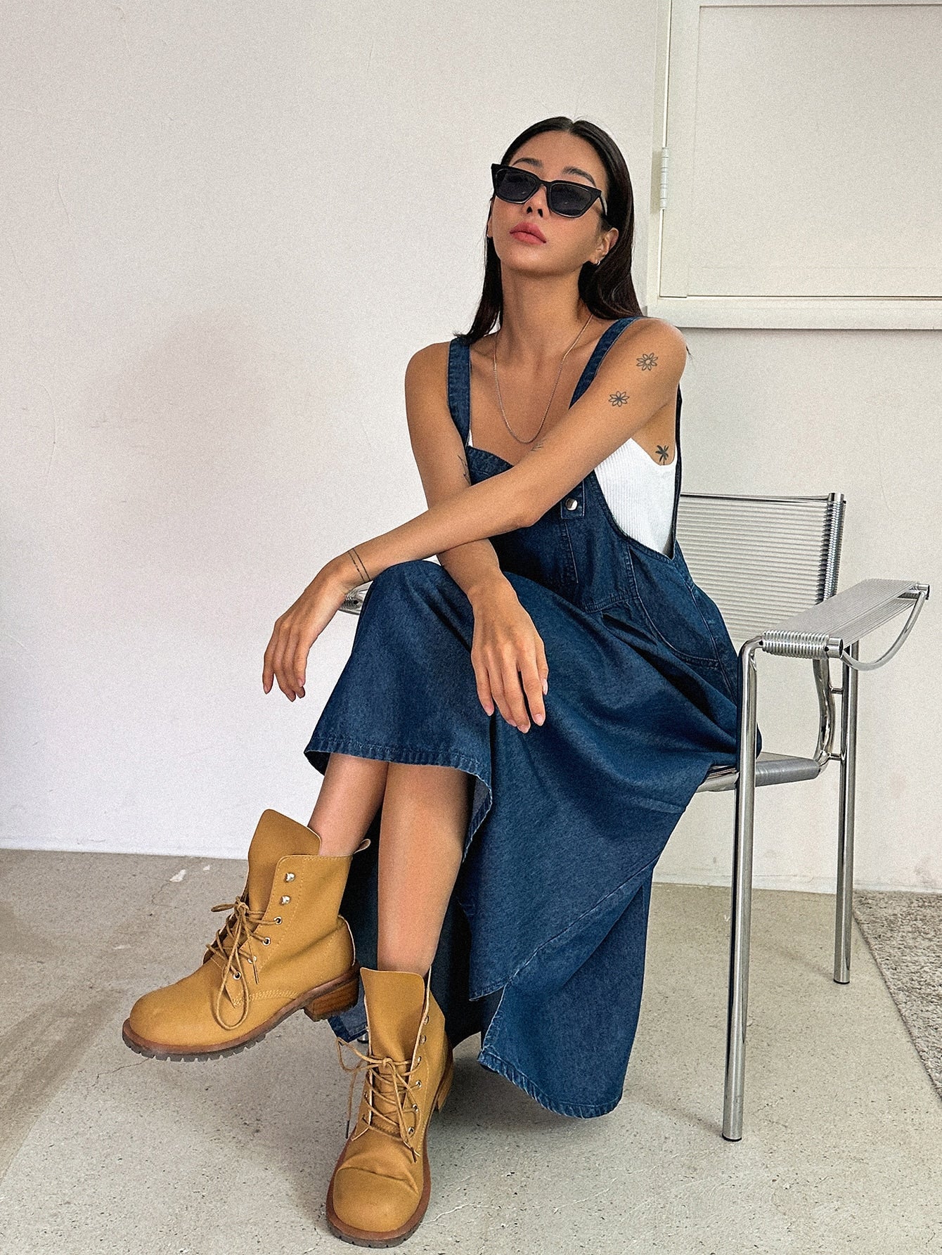 CM-DS142731 Women Casual Seoul Style Dark Wash Slant Pocket High Waist Overall Dress