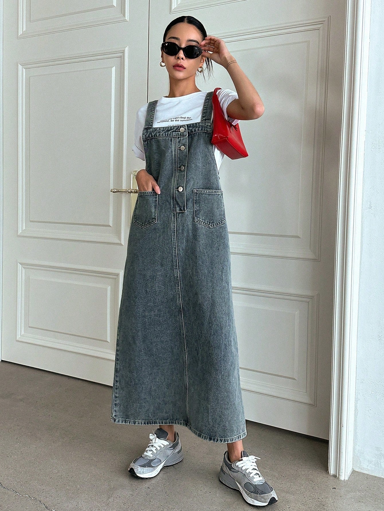 CM-DS686744 Women Casual Seoul Style Medium Wash Dual Pocket Denim Overall Dress