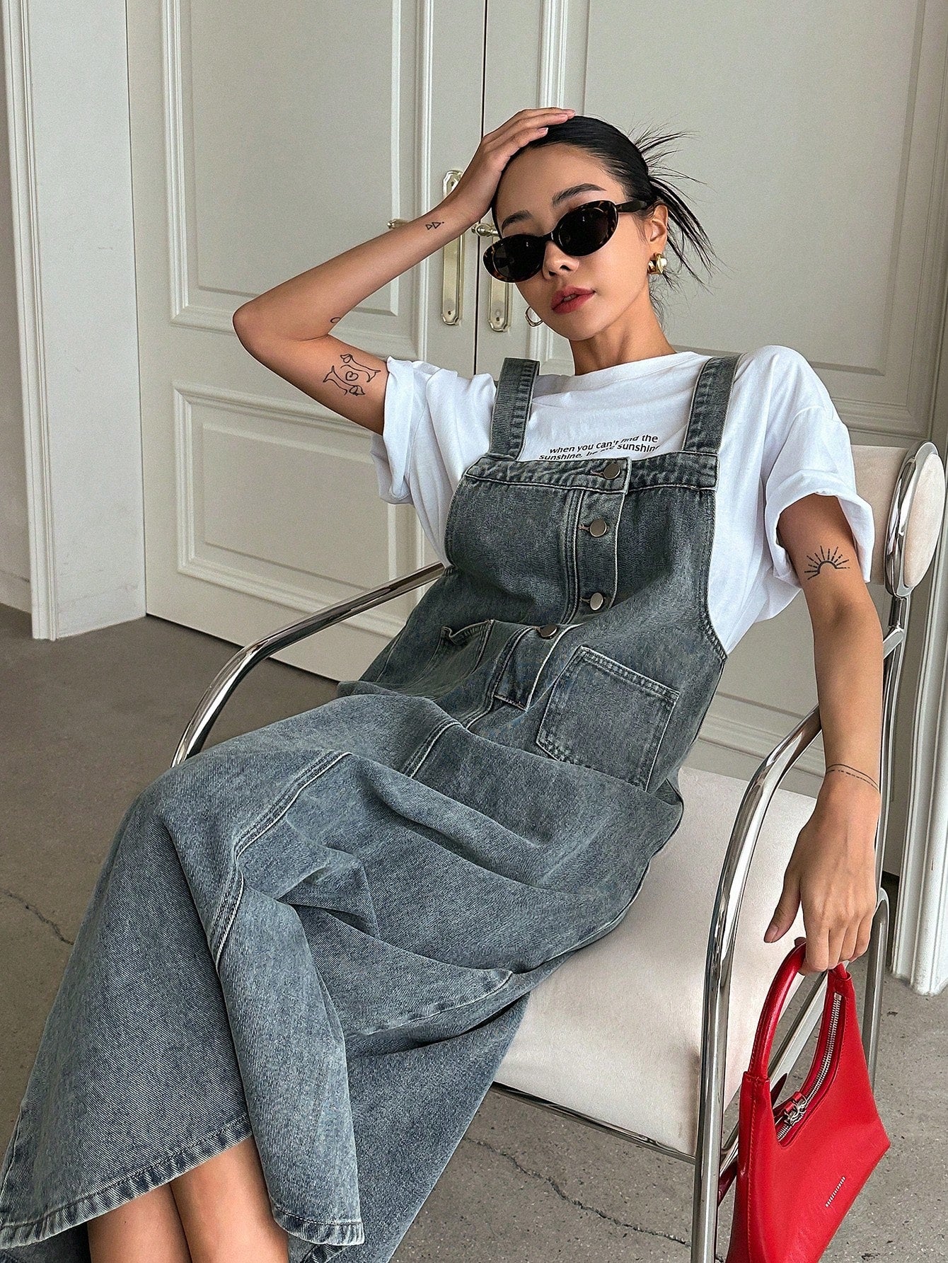 CM-DS686744 Women Casual Seoul Style Medium Wash Dual Pocket Denim Overall Dress