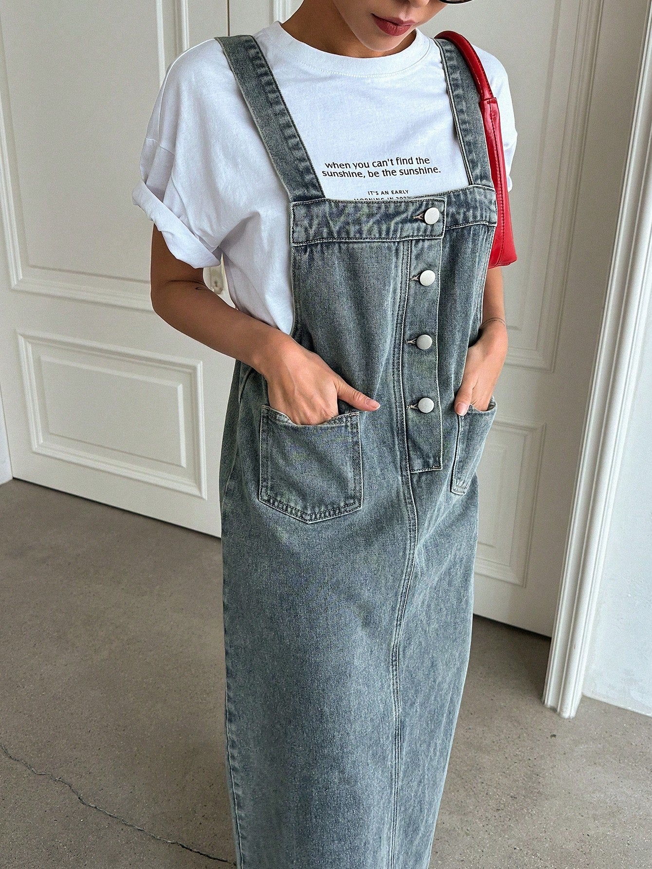 CM-DS686744 Women Casual Seoul Style Medium Wash Dual Pocket Denim Overall Dress