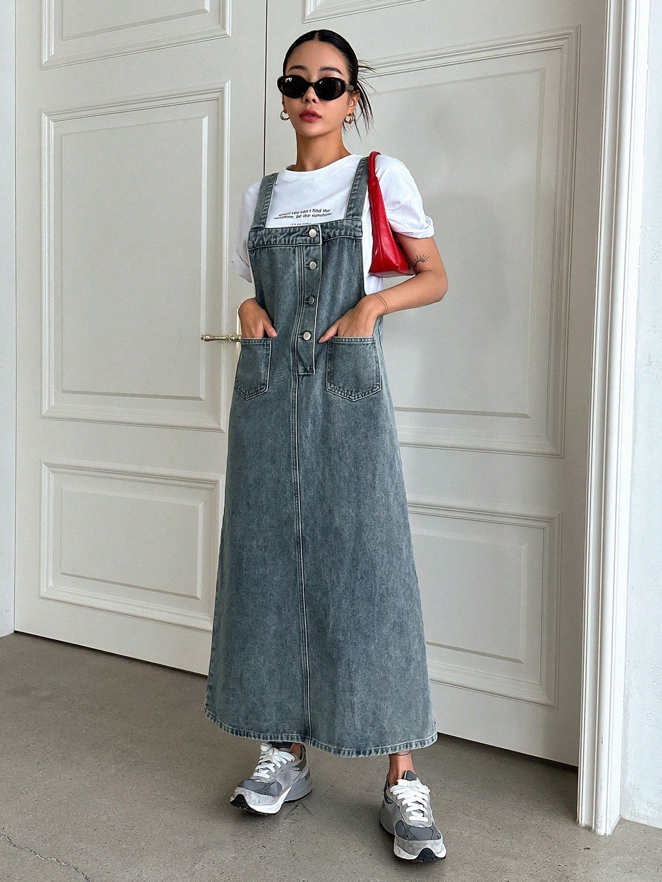 CM-DS686744 Women Casual Seoul Style Medium Wash Dual Pocket Denim Overall Dress
