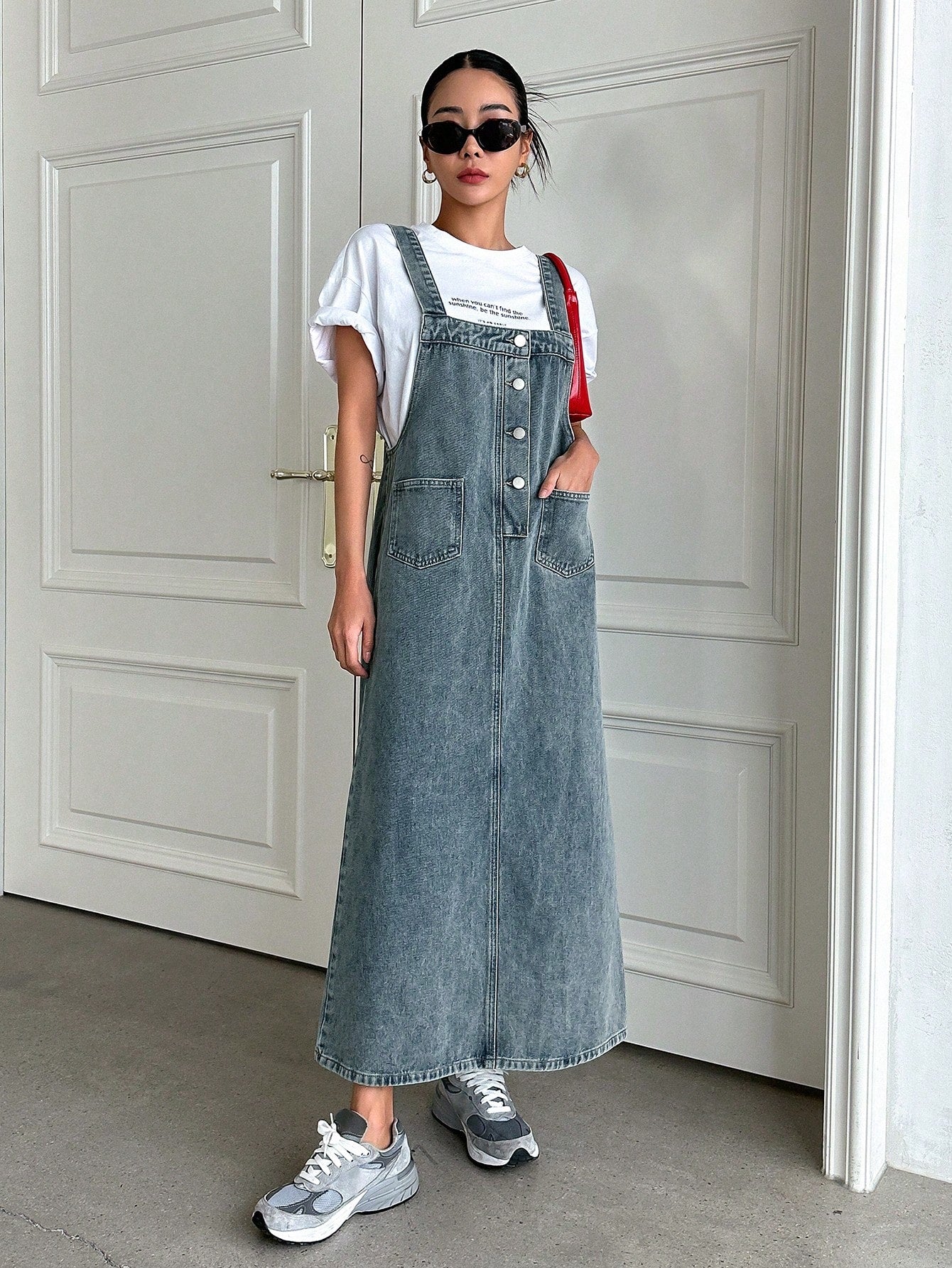 CM-DS686744 Women Casual Seoul Style Medium Wash Dual Pocket Denim Overall Dress