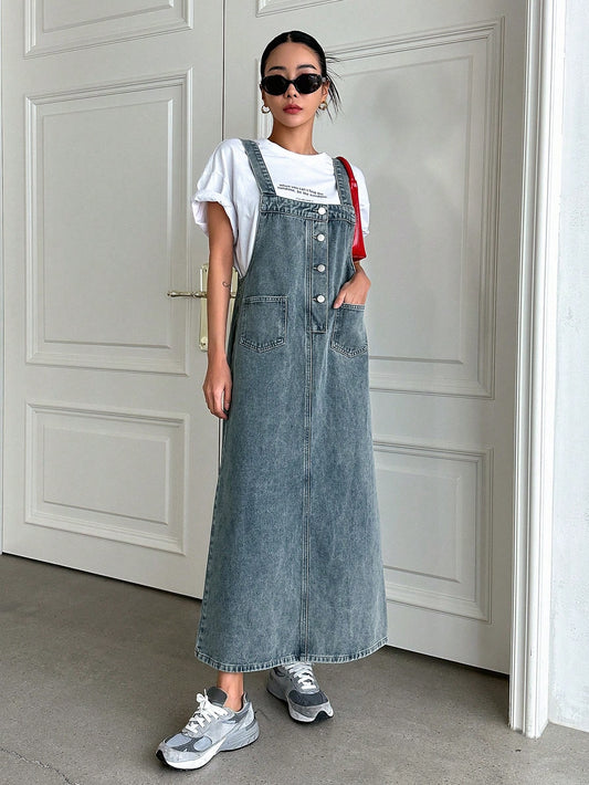 CM-DS686744 Women Casual Seoul Style Medium Wash Dual Pocket Denim Overall Dress