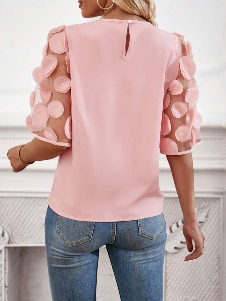 CM-TS116891 Women Casual Seoul Style Round Neck Contrast Mesh Sleeve Blouse - Pink
