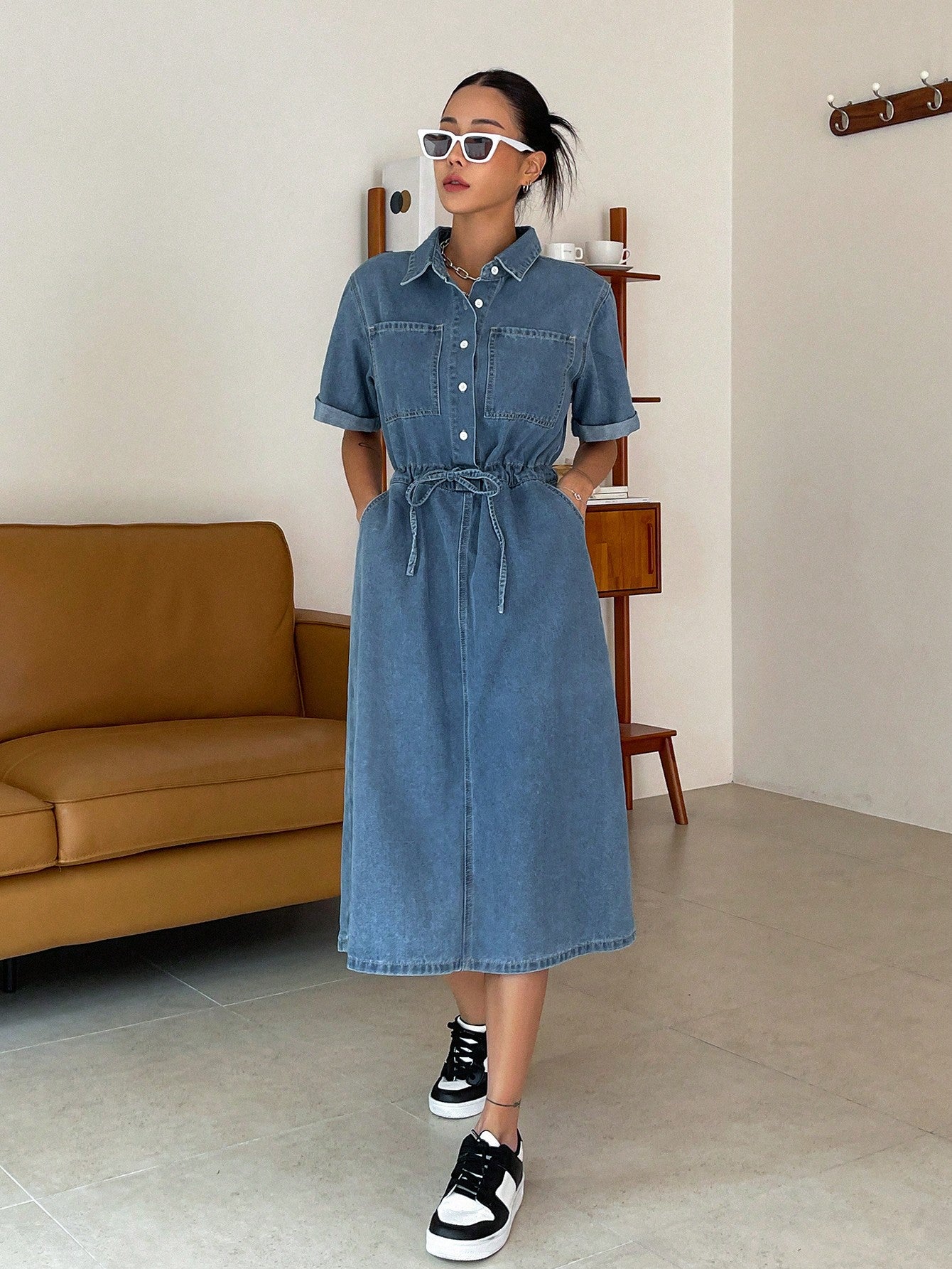 CM-DS500188 Women Casual Seoul Style Drawstring Waist Half Button Split Back Denim Dress