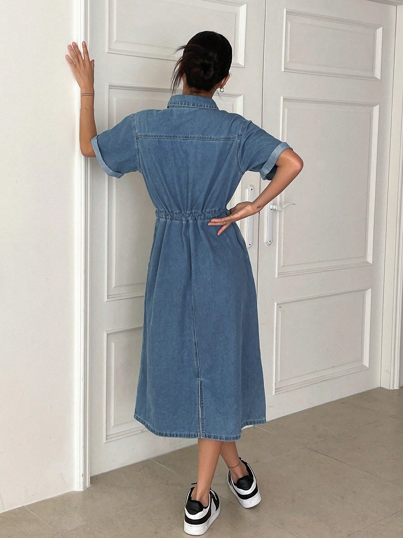 CM-DS500188 Women Casual Seoul Style Drawstring Waist Half Button Split Back Denim Dress