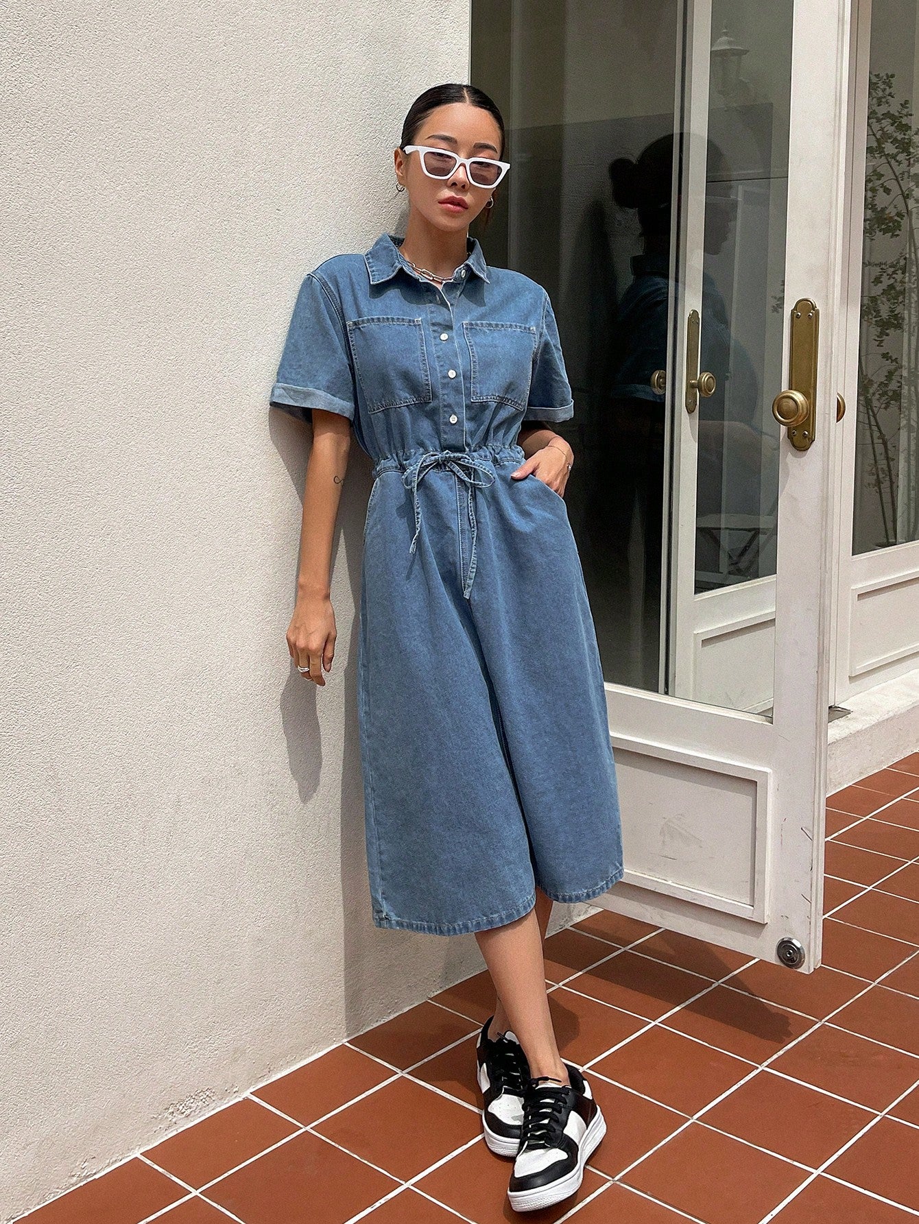 CM-DS500188 Women Casual Seoul Style Drawstring Waist Half Button Split Back Denim Dress