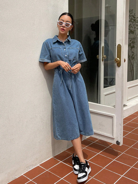 CM-DS500188 Women Casual Seoul Style Drawstring Waist Half Button Split Back Denim Dress