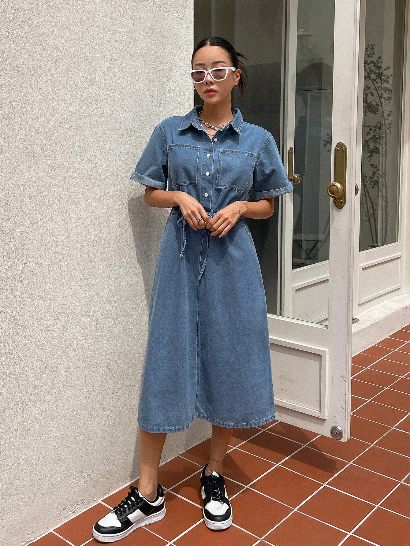 CM-DS500188 Women Casual Seoul Style Drawstring Waist Half Button Split Back Denim Dress