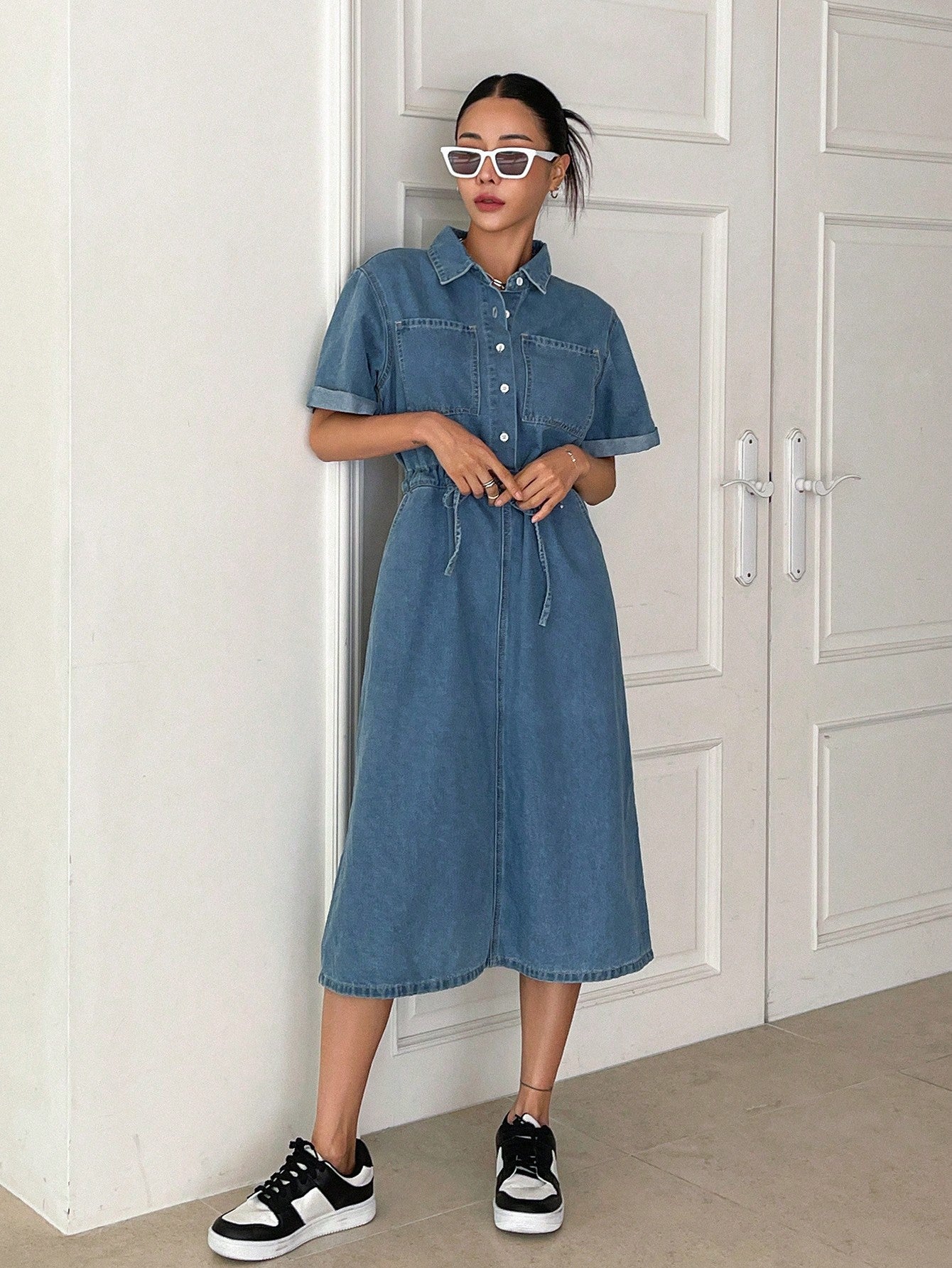 CM-DS500188 Women Casual Seoul Style Drawstring Waist Half Button Split Back Denim Dress