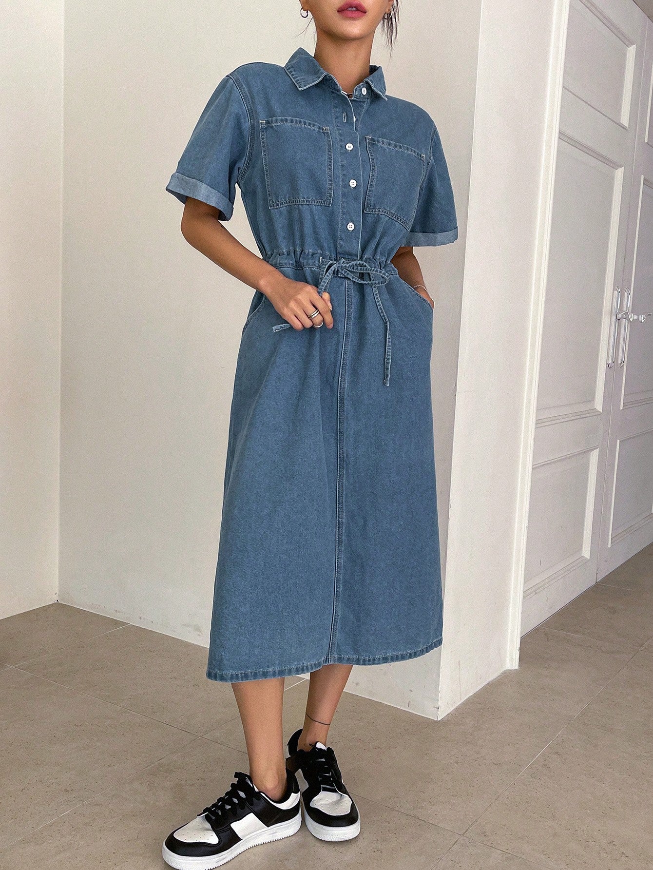 CM-DS500188 Women Casual Seoul Style Drawstring Waist Half Button Split Back Denim Dress