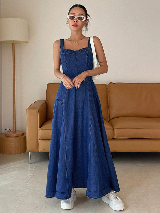 CM-DS392199 Women Casual Seoul Style Dark Wash Straps Neckline Zip Back Cami Denim Dress