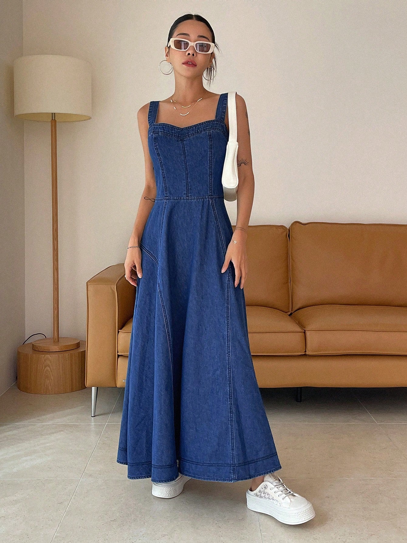 CM-DS392199 Women Casual Seoul Style Dark Wash Straps Neckline Zip Back Cami Denim Dress