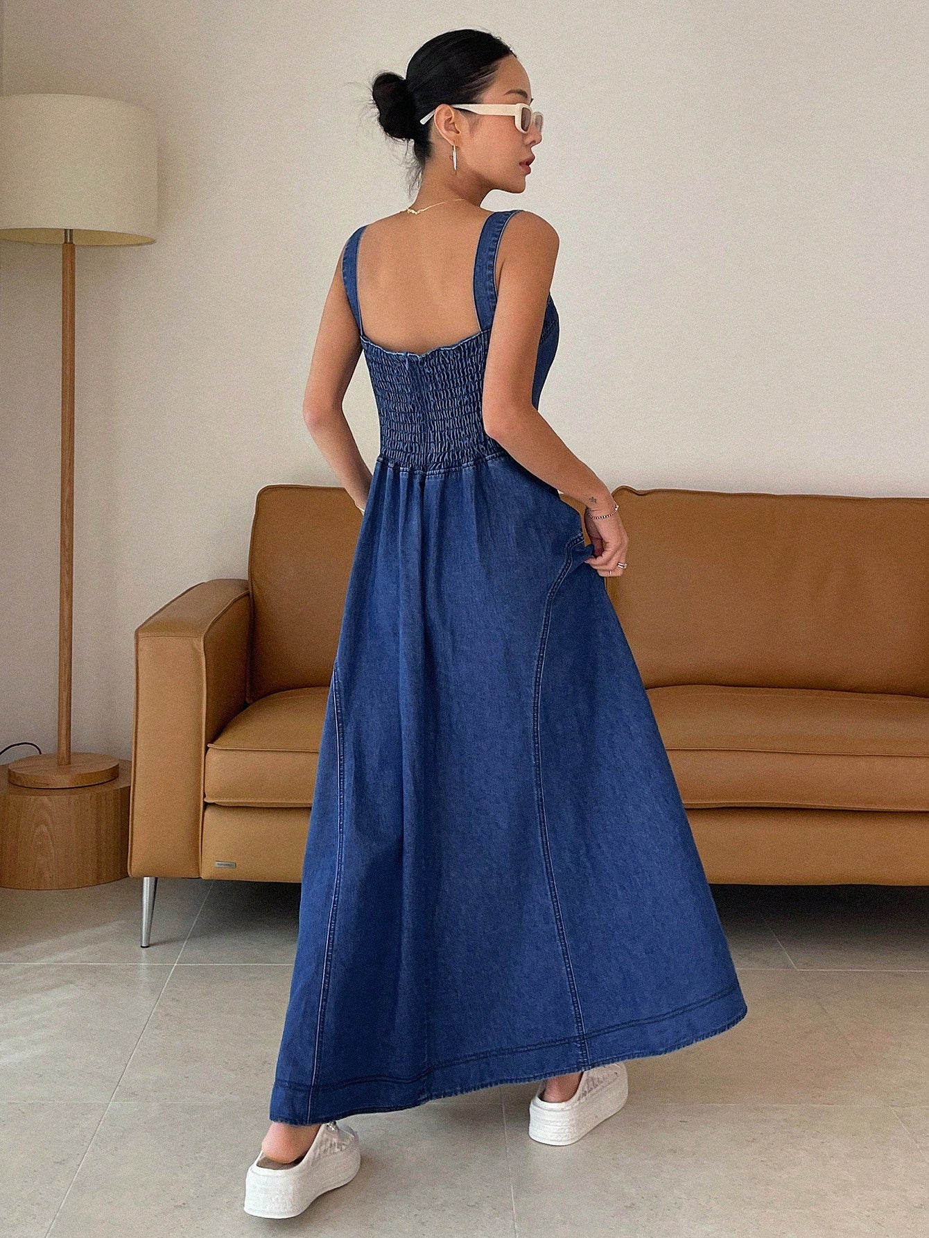 CM-DS392199 Women Casual Seoul Style Dark Wash Straps Neckline Zip Back Cami Denim Dress