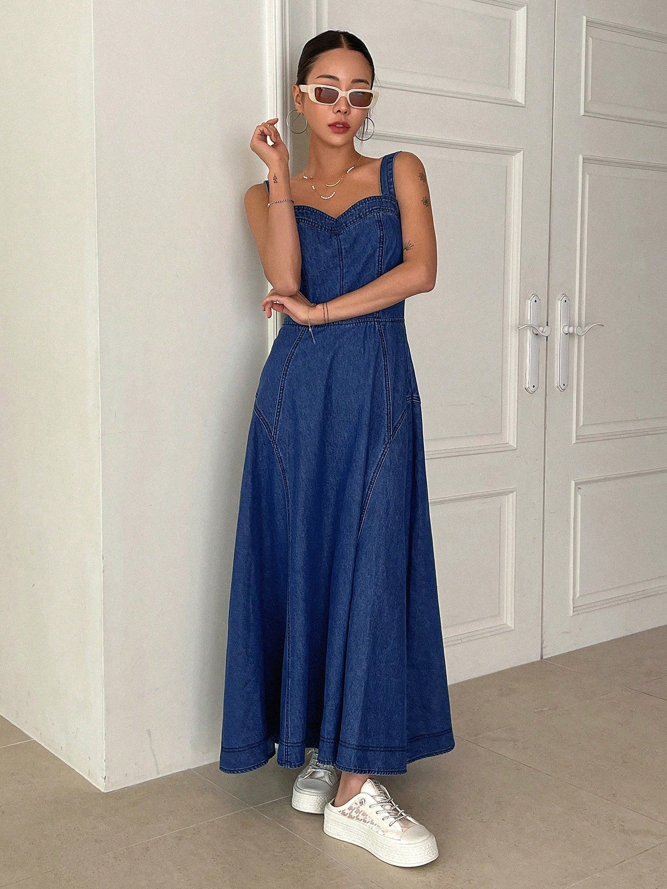 CM-DS392199 Women Casual Seoul Style Dark Wash Straps Neckline Zip Back Cami Denim Dress
