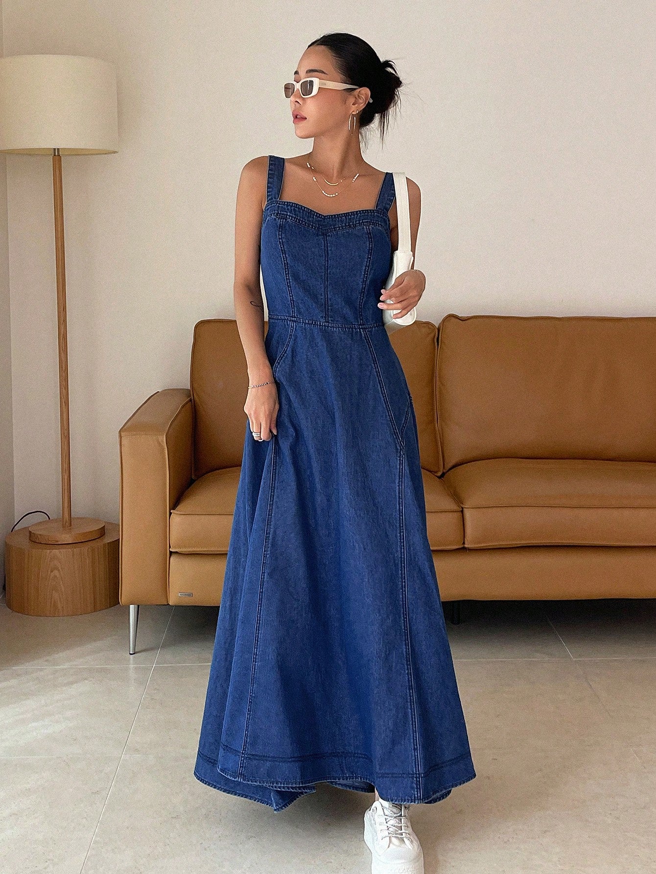 CM-DS392199 Women Casual Seoul Style Dark Wash Straps Neckline Zip Back Cami Denim Dress